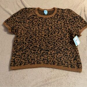 Cece cheetah print wool blend fuzzy short sleeve sweater XL